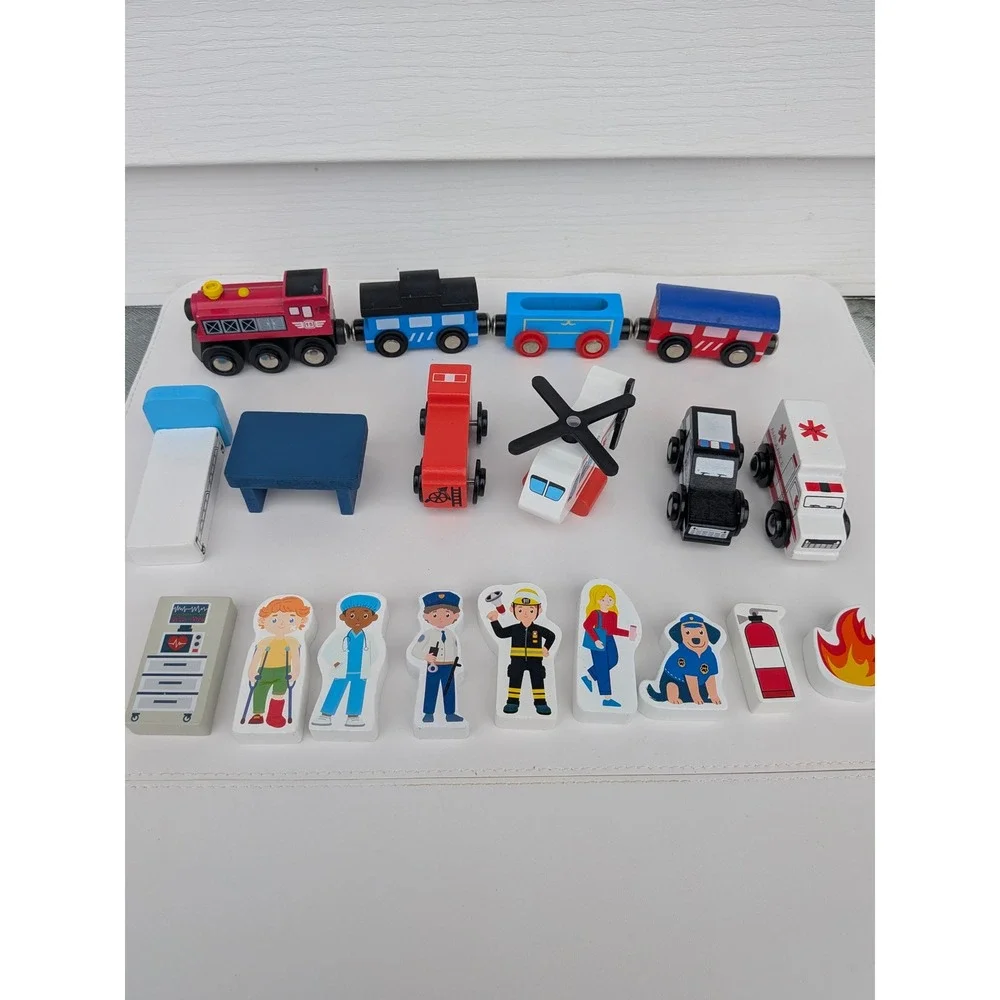 Wooden Magnetic Train and Emergency Vehicle Toy Set Police Fire Ambulance 19pc